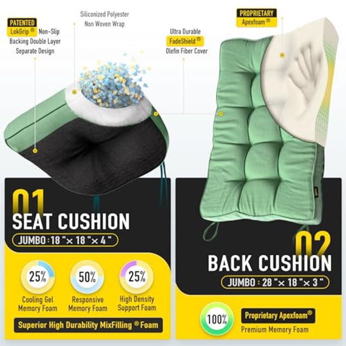 SUNROX Memory Foam Jumbo Rocking Chair Cushions, FadeShield Water Resistant Non Slip Durable Tufted Pads, Set of Seat & Back Cushion with Ties for Indoor/Outdoor Rocker, 2 Piece, Sage Green - Image 2