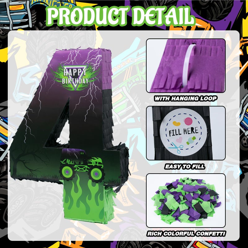 kedaijin Monster Truck Car Number 4 Pinata for 4th Birthday Party Decorations, Birthday Pinata with Stick Blindfold and Confetti for Green and Purple Party Supplies Celebration (Small, 15.8 x 11.5 x 2.45 In) - Image 3