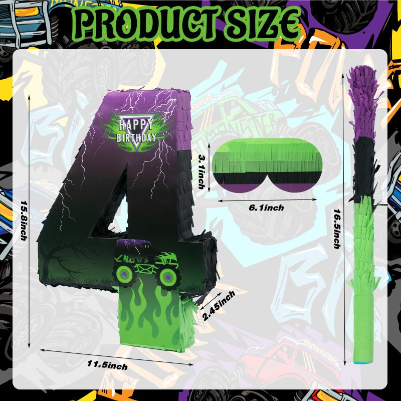kedaijin Monster Truck Car Number 4 Pinata for 4th Birthday Party Decorations, Birthday Pinata with Stick Blindfold and Confetti for Green and Purple Party Supplies Celebration (Small, 15.8 x 11.5 x 2.45 In) - Image 2