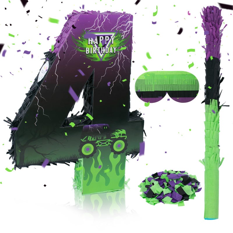 kedaijin Monster Truck Car Number 4 Pinata for 4th Birthday Party Decorations, Birthday Pinata with Stick Blindfold and Confetti for Green and Purple Party Supplies Celebration (Small, 15.8 x 11.5 x 2.45 In) - Image 1