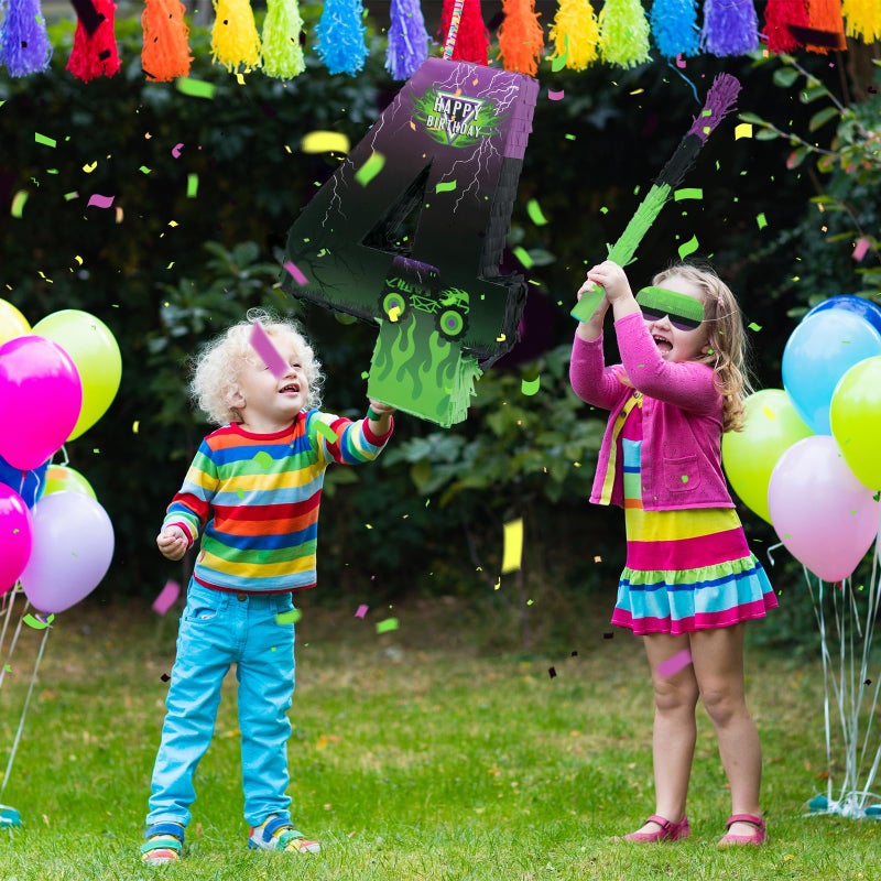 kedaijin Monster Truck Car Number 4 Pinata for 4th Birthday Party Decorations, Birthday Pinata with Stick Blindfold and Confetti for Green and Purple Party Supplies Celebration (Small, 15.8 x 11.5 x 2.45 In) - Image 4