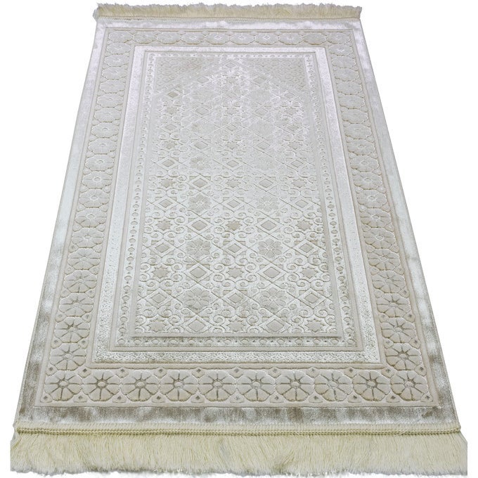 VELVET PRAYER RUG SOFT PLUSH TURKISH JANAMAZ SAJADA CARPET FOR MEN AND WOMEN PLAIN SOLID PRAYER MAT RAMADAN EID GIFT WITH PRAYER BEADS LUXURY FLORAL STAMP IVORY