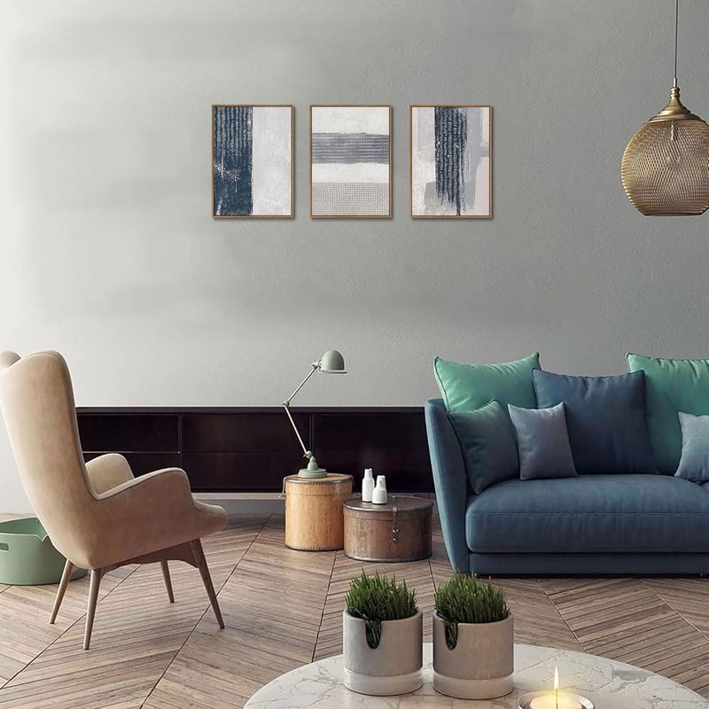 KISSFOX فن الجدران المؤطر من كيس فوك 3 قطع - ديكور جدران تجريدي - صور بتصميم نسيج أزرق بحري - فن قماش حديث بسيط - لوحات فاخرة كبيرة لغرفة المعيشة وغرفة النوم والمكتب - Image 2