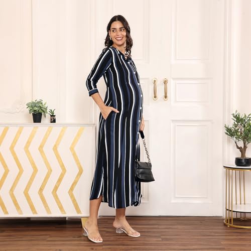 MomToBe Women's Rayon Maternity Dress/Pregnancy Dress/Easy Breastfeeding Dress/Western Dress With Zippers For Nursing Pre And Post Pregnancy (Xx-Large, Blue::Ink Black, Midi) - Image 3