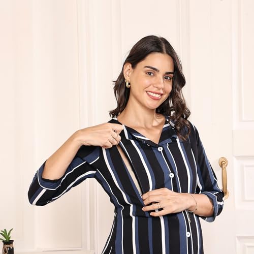 MomToBe Women's Rayon Maternity Dress/Pregnancy Dress/Easy Breastfeeding Dress/Western Dress With Zippers For Nursing Pre And Post Pregnancy (Xx-Large, Blue::Ink Black, Midi) - Image 5