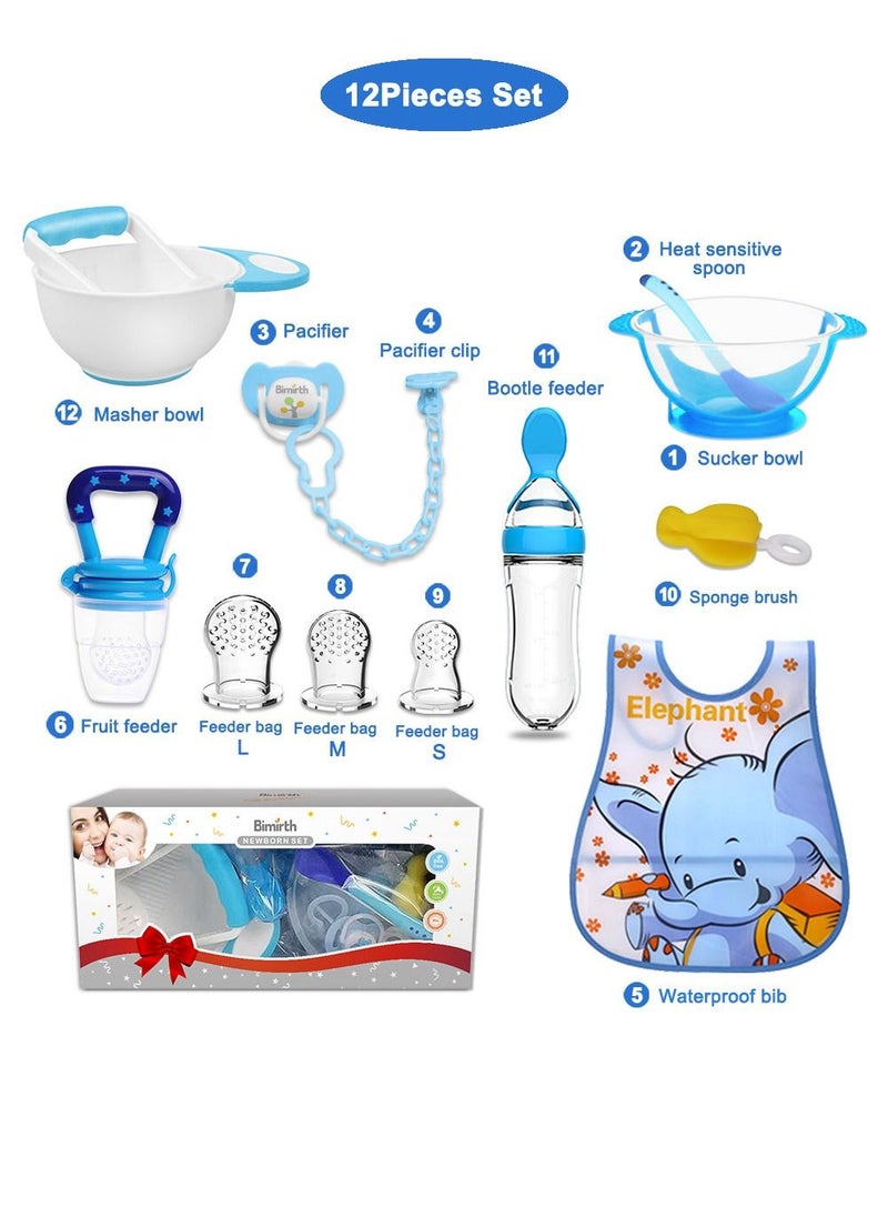 Bimirth Baby Feeding Gift 12-Piece, Includes Suction Bowl with spoon，Silicone Food Teething Feeder with 3 size, Ultra-Soft Silicone Baby Food Bottle With Spoon,  Fresh Foods Masher And Bowl, Baby Feeding Bib  - Image 1