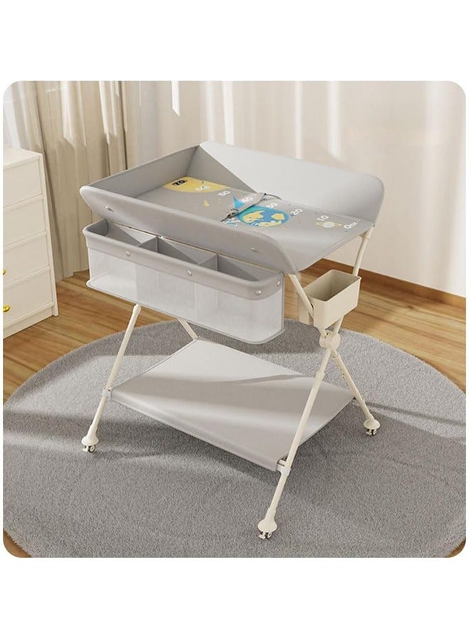 Portable Baby Changing Table Dresser, Foldable Changing Table with Wheels, Bottom Rack, Side Basket and Clothes Rail, Newborns & Infant Care Massage (Grey) - Image 1