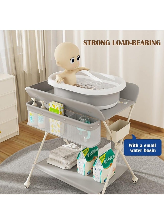 Portable Baby Changing Table Dresser, Foldable Changing Table with Wheels, Bottom Rack, Side Basket and Clothes Rail, Newborns & Infant Care Massage (Grey) - Image 3