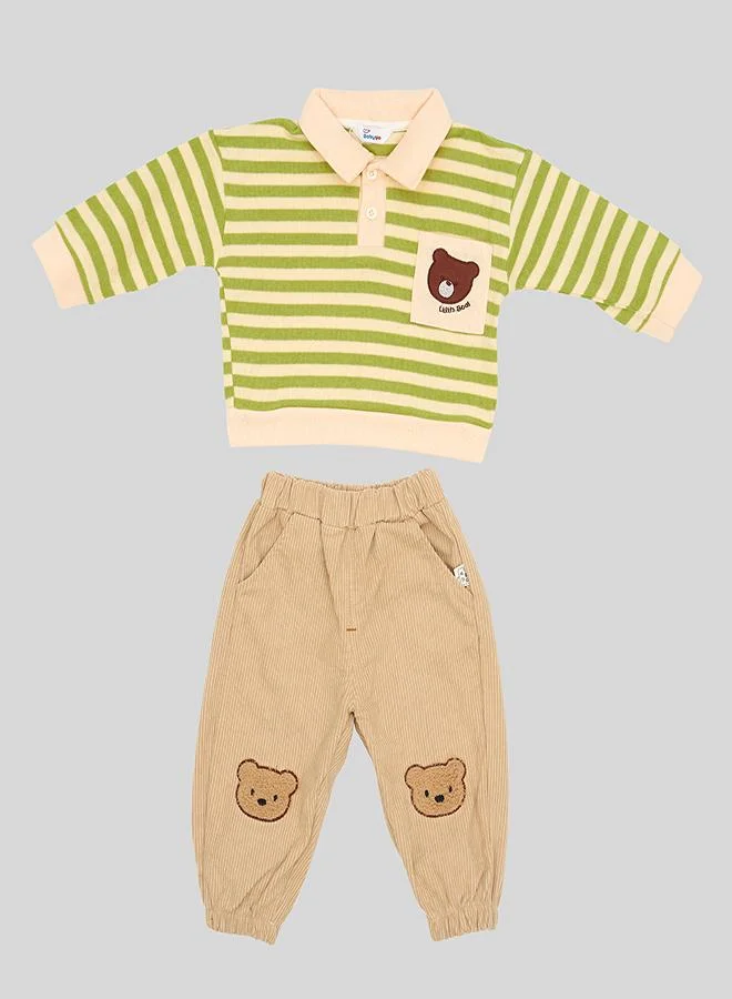 بيبي كلو Green Striped Bear Tee With Corduroy Pants