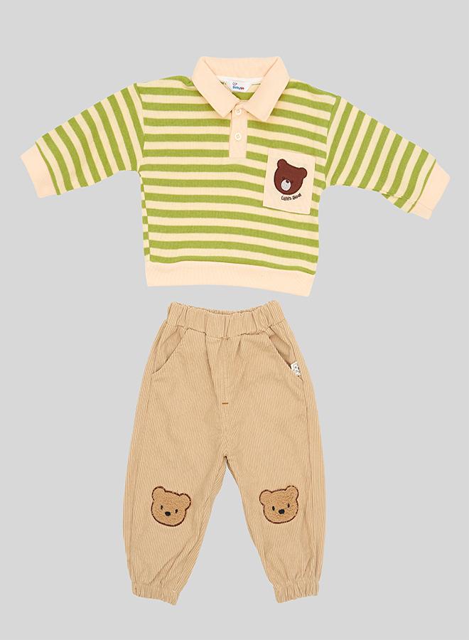 بيبي كلو تي شيرت دب مخطط أخضر مع بنطلون مخمل - Image 3