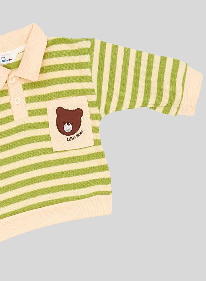 بيبي كلو Green Striped Bear Tee With Corduroy Pants