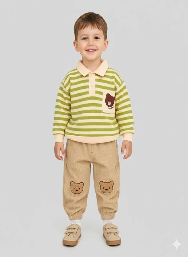 babyqlo Green Striped Bear Tee With Corduroy Pants