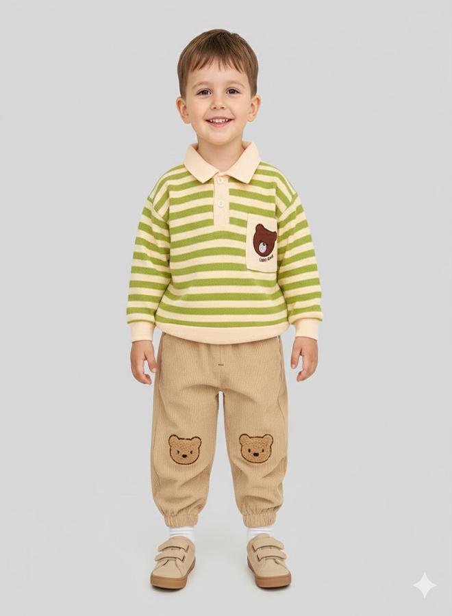 بيبي كلو تي شيرت دب مخطط أخضر مع بنطلون مخمل - Image 1