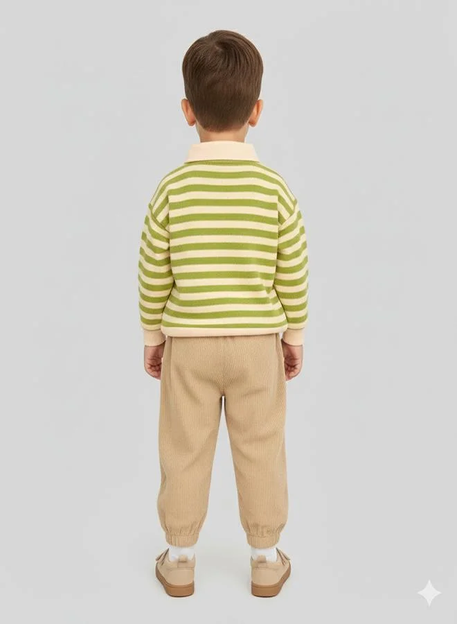 babyqlo Green Striped Bear Tee With Corduroy Pants