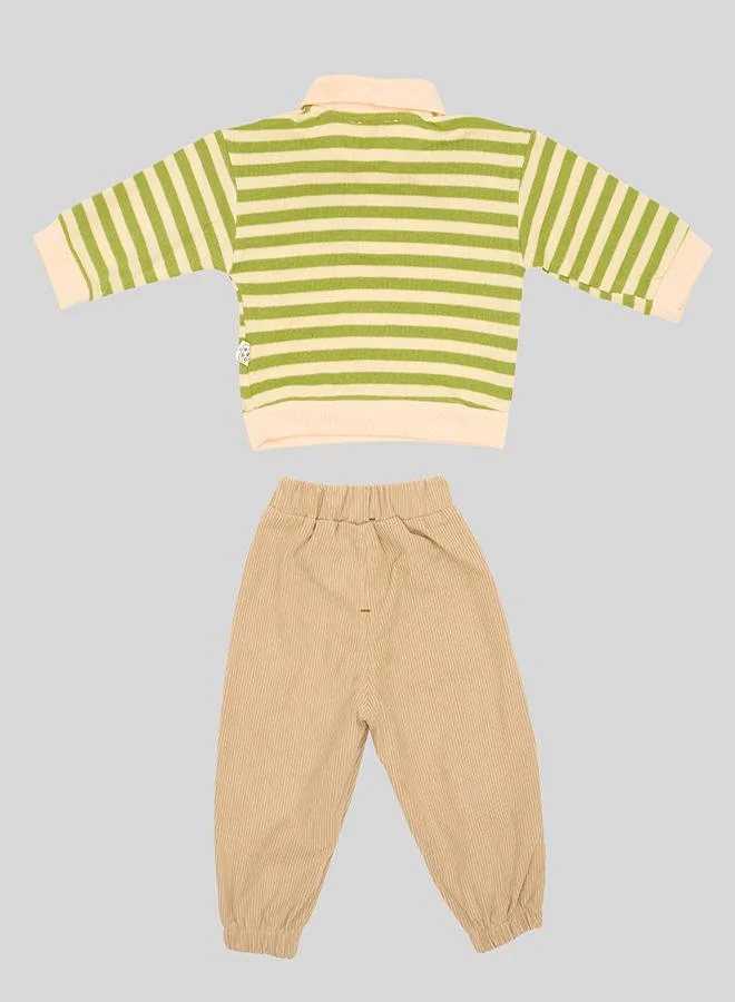 بيبي كلو Green Striped Bear Tee With Corduroy Pants