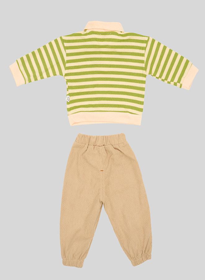 بيبي كلو تي شيرت دب مخطط أخضر مع بنطلون مخمل - Image 4