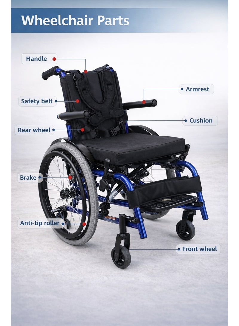 Gilani Mobility Children Manual Wheelchair with Safety Harness Support and Adjustable Seat Width 76X39X90 - Image 3
