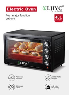 Electric Convection Oven with Rotisserie - Multifunction, Stainless Steel, Adjustable Temperature, Large Viewing Window, Accessories Included 48L 2000W Black