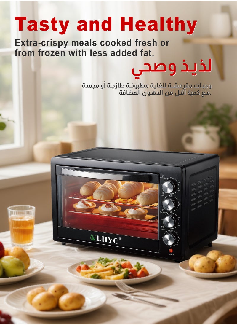 ULHYC - Electric Convection Oven with Rotisserie - Multifunction, Stainless Steel, Adjustable Temperature, Large Viewing Window, Accessories Included 48L 2000W Black - Image 1