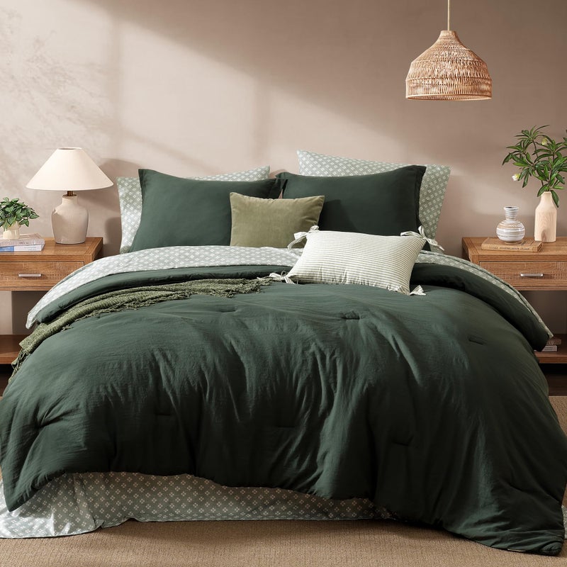 Monbix Queen Comforter Set - 7 Pieces Deep Forest Prewashed Bed in a Bag Queen Bedding Sets with Comforters, All Seasons Ultra Soft Comforter Bed Set with Sheets,Pillowcases & Shams - Image 1