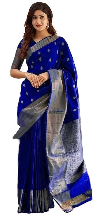 C J Enterprise Women's Banarasi Saree Pure Kanjivaram Silk Saree Soft Design Wear Pattu Sarees Latest Cotton With Blouse Piece Kanchipuram for Wedding sadi new ladies 2025 (Diamond-Butti) (Royal-Blue) - Image 1