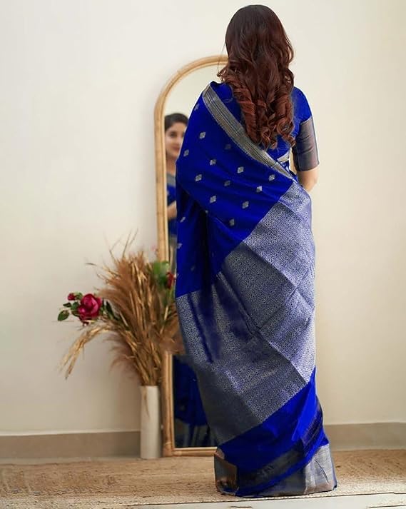 C J Enterprise Women's Banarasi Saree Pure Kanjivaram Silk Saree Soft Design Wear Pattu Sarees Latest Cotton With Blouse Piece Kanchipuram for Wedding sadi new ladies 2025 (Diamond-Butti) (Royal-Blue) - Image 2