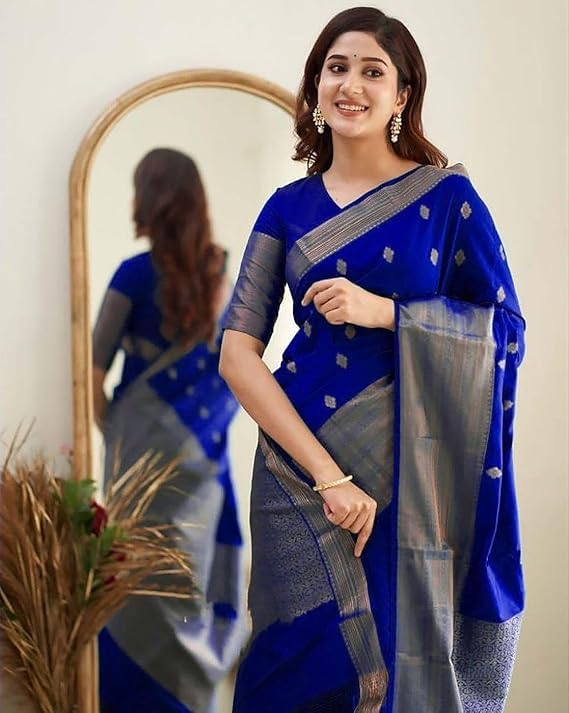 C J Enterprise Women's Banarasi Saree Pure Kanjivaram Silk Saree Soft Design Wear Pattu Sarees Latest Cotton With Blouse Piece Kanchipuram for Wedding sadi new ladies 2025 (Diamond-Butti) (Royal-Blue) - Image 4