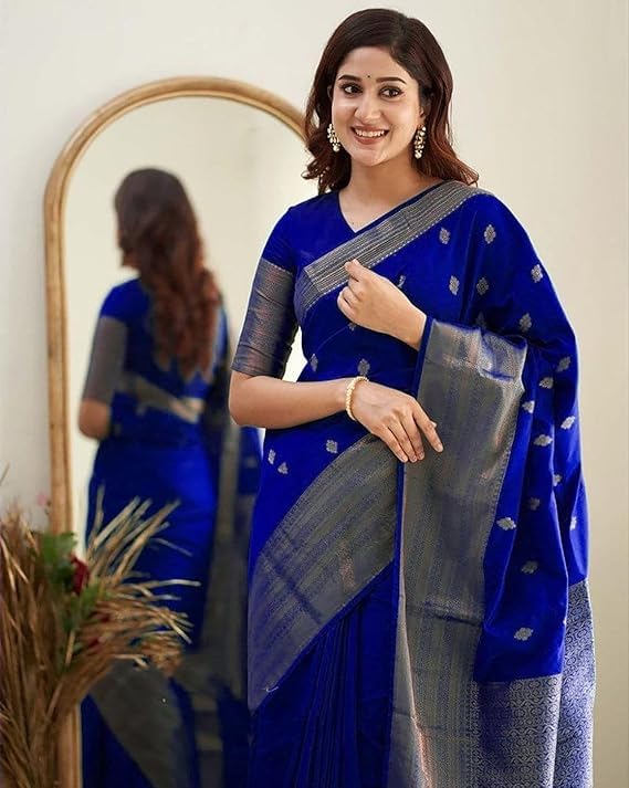C J Enterprise Women's Banarasi Saree Pure Kanjivaram Silk Saree Soft Design Wear Pattu Sarees Latest Cotton With Blouse Piece Kanchipuram for Wedding sadi new ladies 2025 (Diamond-Butti) (Royal-Blue) - Image 3