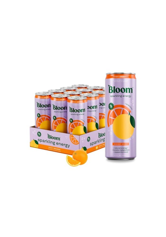 Bloom Nutrition مشروب الطاقة الفوار من بلوم للتغذية كافيين طبيعي بدون سكر 180 ملغ كافيين غني بمضادات الأكسدة مع مستخلص حبوب القهوة الخضراء ومستخلص الشاي الأخضر بروبيوتيك برائحة البرتقال 12 أونصة 12 عبوة - Image 1