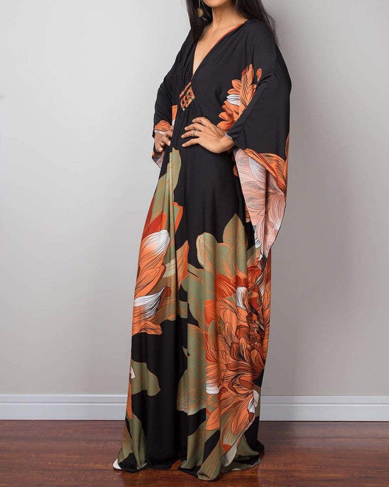 Bsubseach Women Ethnic Print Kaftan Beach Dress Plus Size Swimsuit Cover Up Orange Green Flower - Image 3