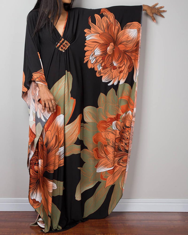 Bsubseach Women Ethnic Print Kaftan Beach Dress Plus Size Swimsuit Cover Up Orange Green Flower - Image 4