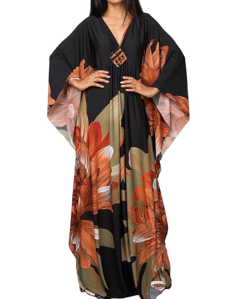 Bsubseach Women Ethnic Print Kaftan Beach Dress Plus Size Swimsuit Cover Up Orange Green Flower - Image 1