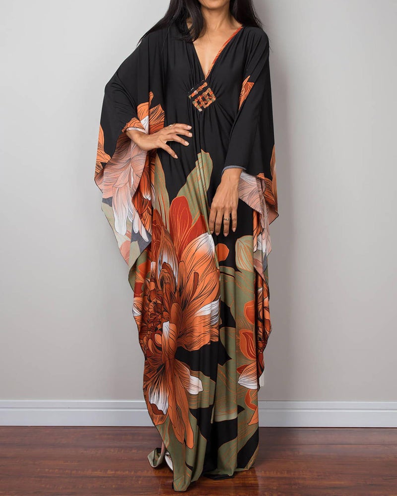 Bsubseach Women Ethnic Print Kaftan Beach Dress Plus Size Swimsuit Cover Up Orange Green Flower - Image 2