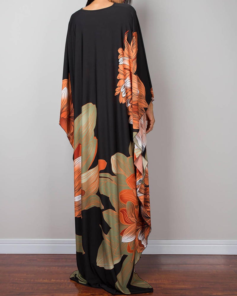 Bsubseach Women Ethnic Print Kaftan Beach Dress Plus Size Swimsuit Cover Up Orange Green Flower - Image 5
