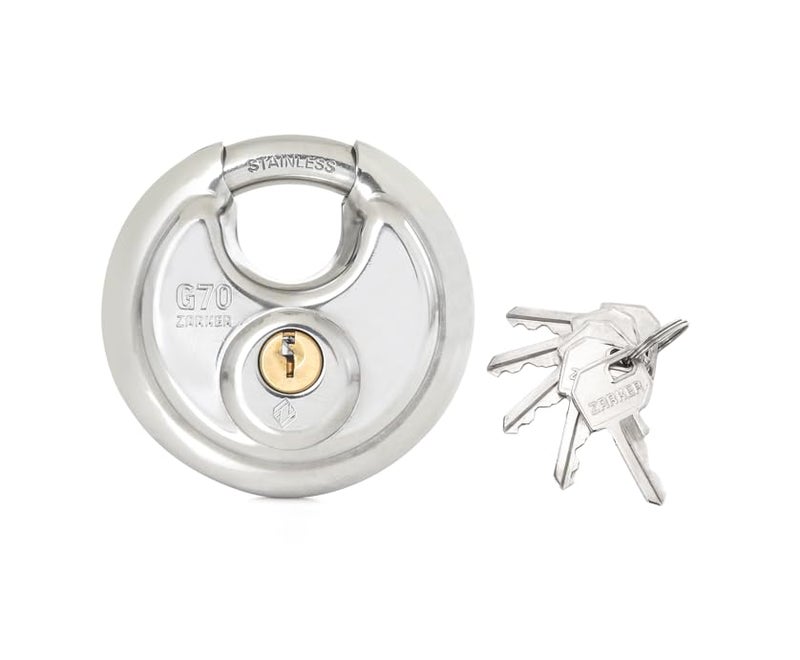Zarker G70 Heavy Duty Stainless Steel Keyed Discus Padlock 70mm Stainless Steel Body and Shackle 5 Keys Garage Warehouses Outdoors 1Pack - Image 1