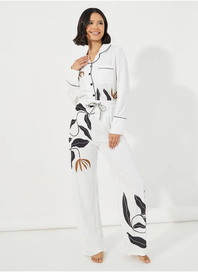 Styli Floral Print Long Sleeves Shirt & Pants Pyjama Set