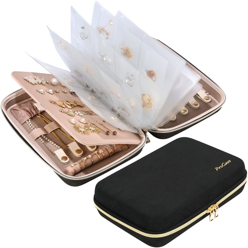 ProCase Large Travel Jewelry Organizer Case, Jewellery Home Storage Book Ring Binder with Clear Pockets for Presentation, Zippered Pouch Bag for Earrings Necklaces Bracelets -Black - Image 1