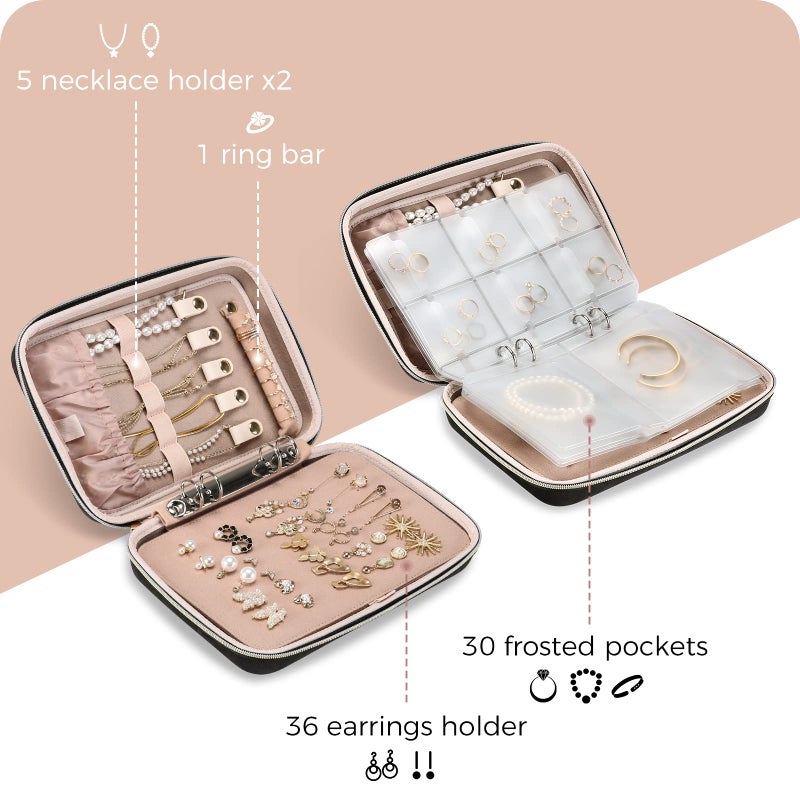 ProCase Large Travel Jewelry Organizer Case, Jewellery Home Storage Book Ring Binder with Clear Pockets for Presentation, Zippered Pouch Bag for Earrings Necklaces Bracelets -Black - Image 4