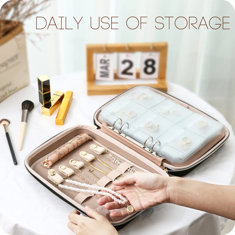 ProCase Large Travel Jewelry Organizer Case, Jewellery Home Storage Book Ring Binder with Clear Pockets for Presentation, Zippered Pouch Bag for Earrings Necklaces Bracelets -Black - Image 3