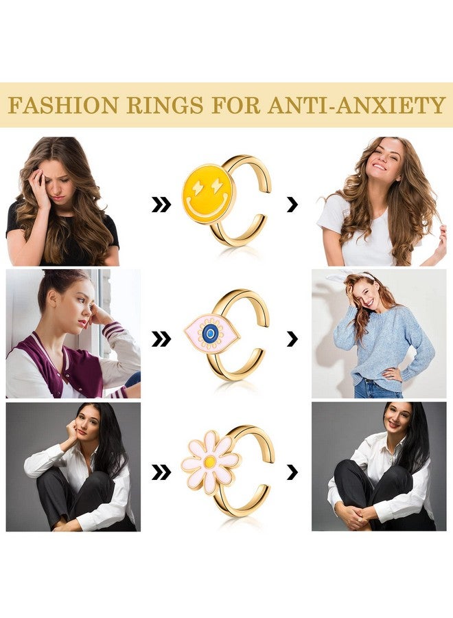 Sureio 9 Pieces Fidget Anxiety Rings Rotatable Open Ring Set Cute Spinner Rings For Anxiety Stackable Rotating Rings Calming Worry Adjustable Rings For Women Ladies Mood Relieve Stress (Cartoon Style)… - Image 3