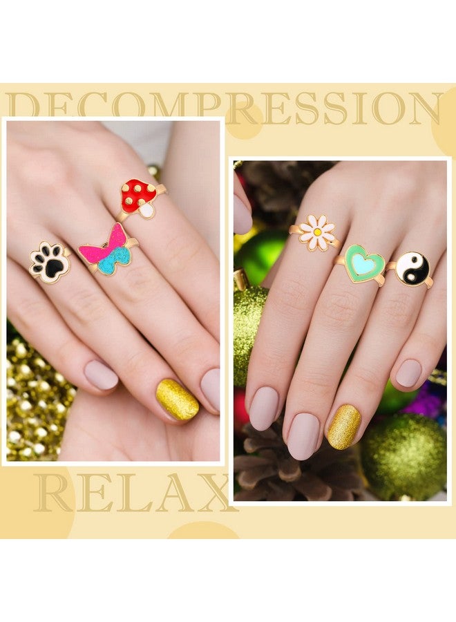 Sureio 9 Pieces Fidget Anxiety Rings Rotatable Open Ring Set Cute Spinner Rings For Anxiety Stackable Rotating Rings Calming Worry Adjustable Rings For Women Ladies Mood Relieve Stress (Cartoon Style)… - Image 4