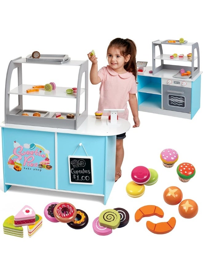 Svan Wooden Bakery Playset Pretend Stand for Kids - 25 Piece Bake Shop Counter w Food, Chalkboard, Cash Register, Trays - Durable Construction for Creative Playtime - Image 4