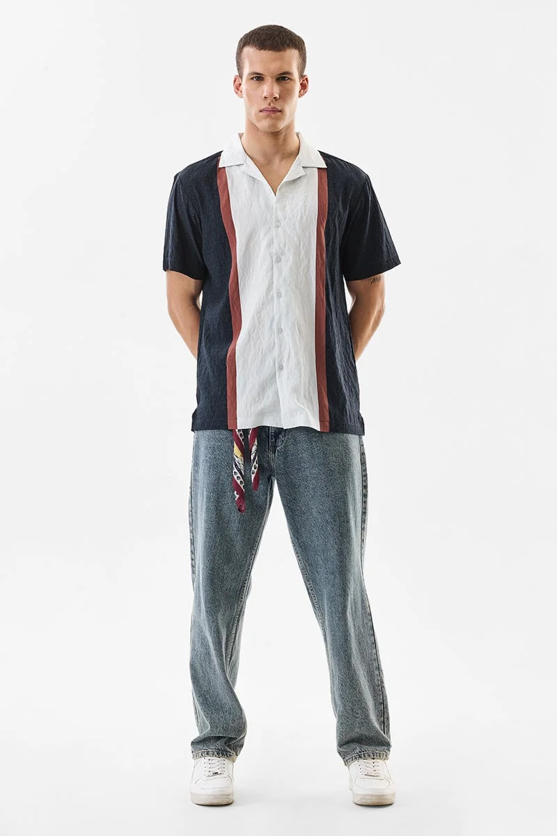 SNITCH Navy Blue Geometric Half Sleeve Boxy Shirt