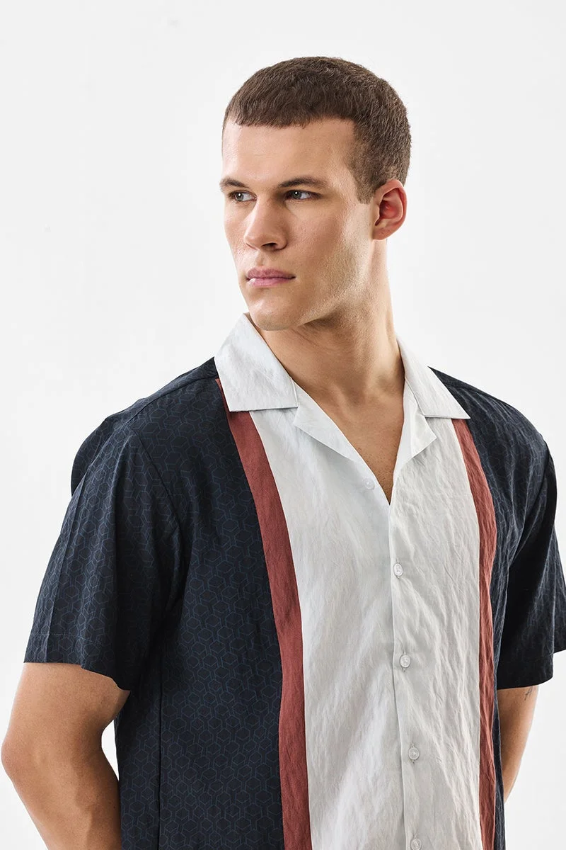 SNITCH Navy Blue Geometric Half Sleeve Boxy Shirt