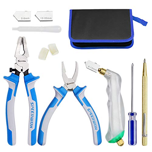 SPEEDWOX Heavy Duty Glass Running Pliers Breaker Grozer Pliers Set 12PCS Glass Cutting Tool Kit Oil Feed Glass Cutter with 3 Size Cutter Head Oil Dropper Screwdriver Engraved Pen Leather Zipper Bag - Image 1