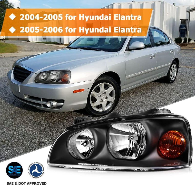 LBRST Headlight Assembly for Hyundai Elantra 2004-2006 - Black Housing with Amber Reflector and Clear Lens - Image 2