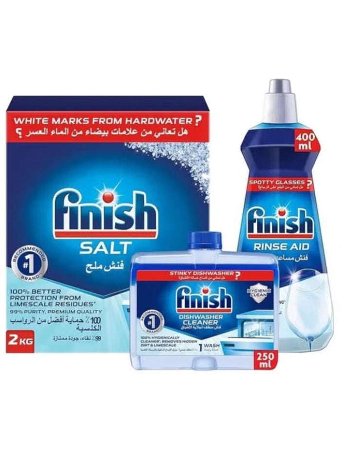 Finish Dishwashing Bundle (Finish Dishwasher Detergent Salt, 2Kg And Finish Dishwasher Machine Cleaner, 250Ml And Finish Dishwasher Rinse Aid Liquid - 400 Ml) - Image 1