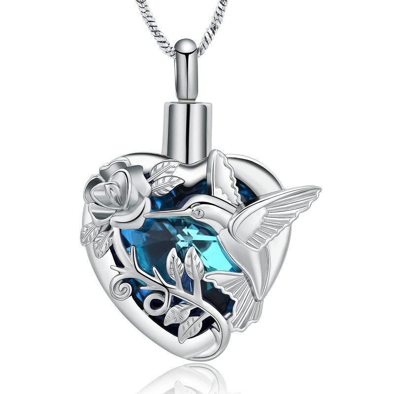 Yinplsmemory Hummingbird Urn Necklace for Ashes for Women Stainless Steel with Blue Heart Crystal Cremation Jewelry for Human/Pet Ashes - Image 1