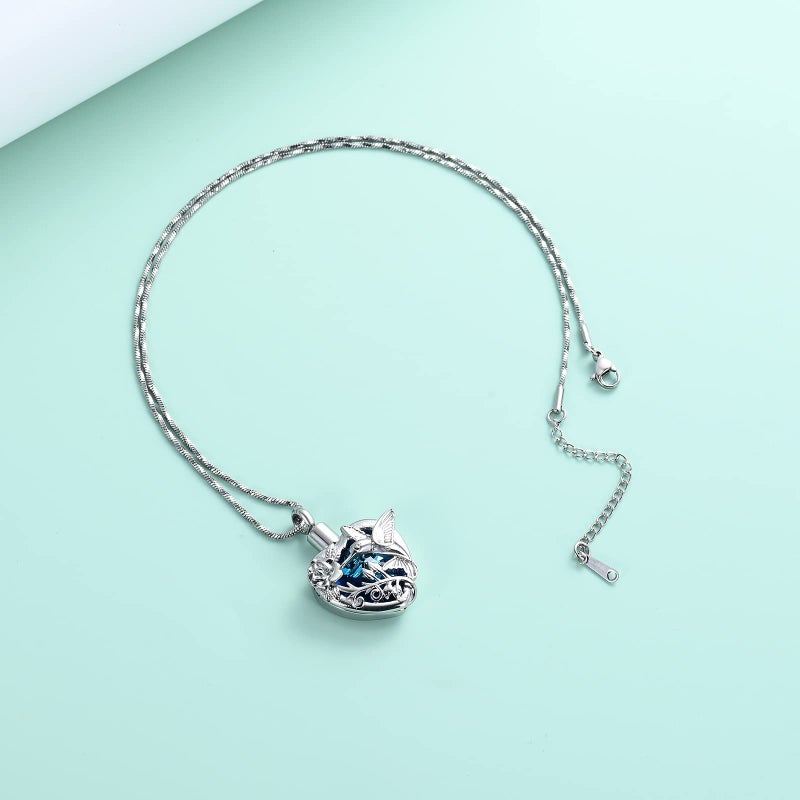 Yinplsmemory Hummingbird Urn Necklace for Ashes for Women Stainless Steel with Blue Heart Crystal Cremation Jewelry for Human/Pet Ashes - Image 5