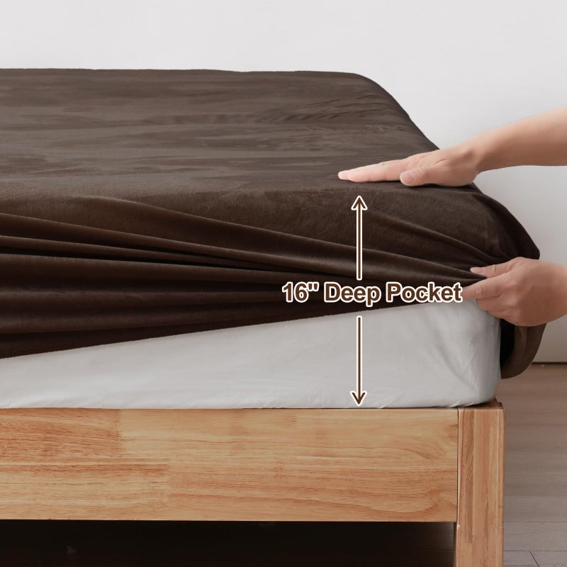 PHF Ultra Soft Velvet Fitted Sheet Queen Size  16"" Deep Pocket with Wider Stronger Elastic Band  Easy Fit Easy Care  1 Pack Cozy Comfy Flannel Bottom Sheet for All Seasons  No Pillowcases  Dark Brown - Image 3